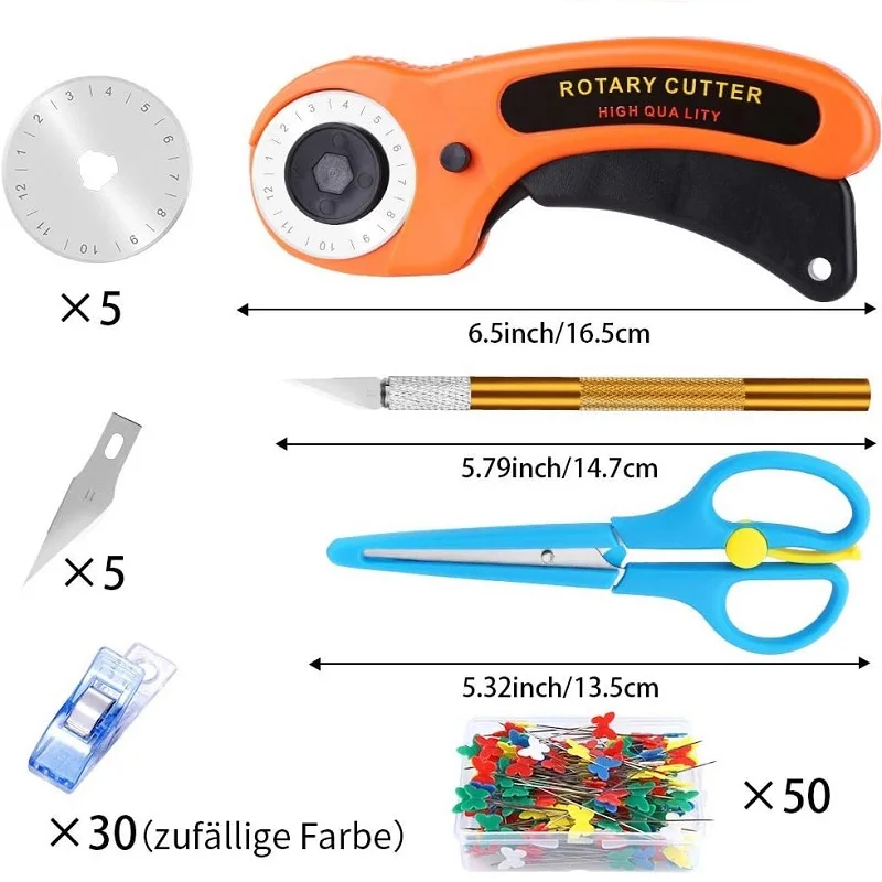 93pcs Rotary Cutter Tool Kit Including 5 Replacement Blades Cutting Mat Scissors Fabric Clips Patchwork Ruler for Sewing DIY