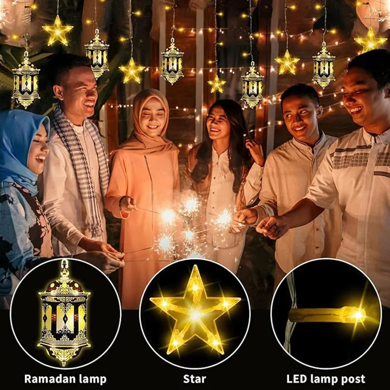 Moon Star Window Curtain lamp 8 Lighting Modes Timer Function for Ramadan Islamic Mubarak string light EU Plug Eid Party Decor