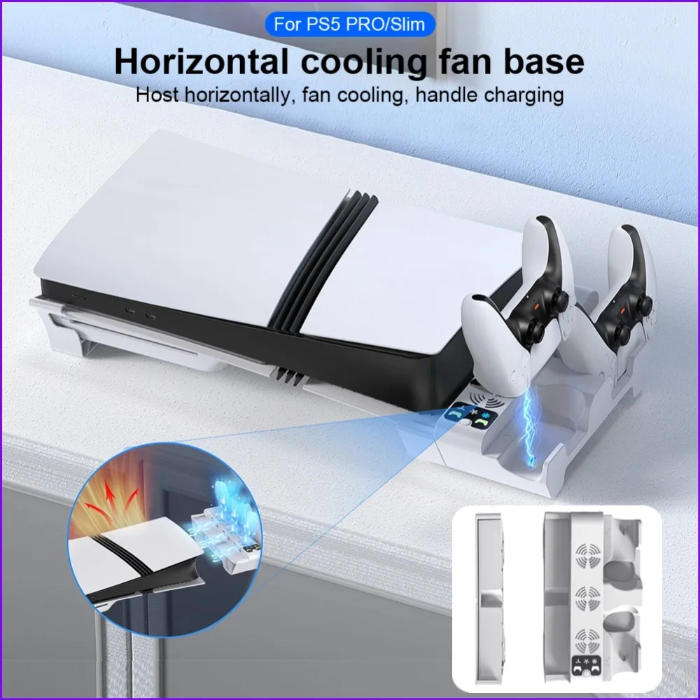 

Охлаждающая подставка для PS5 Slim/PS5 Pro с контроллером, зарядная станция, ручка, зарядное устройство, док-диск/цифровая версия, горизонтальная подставка