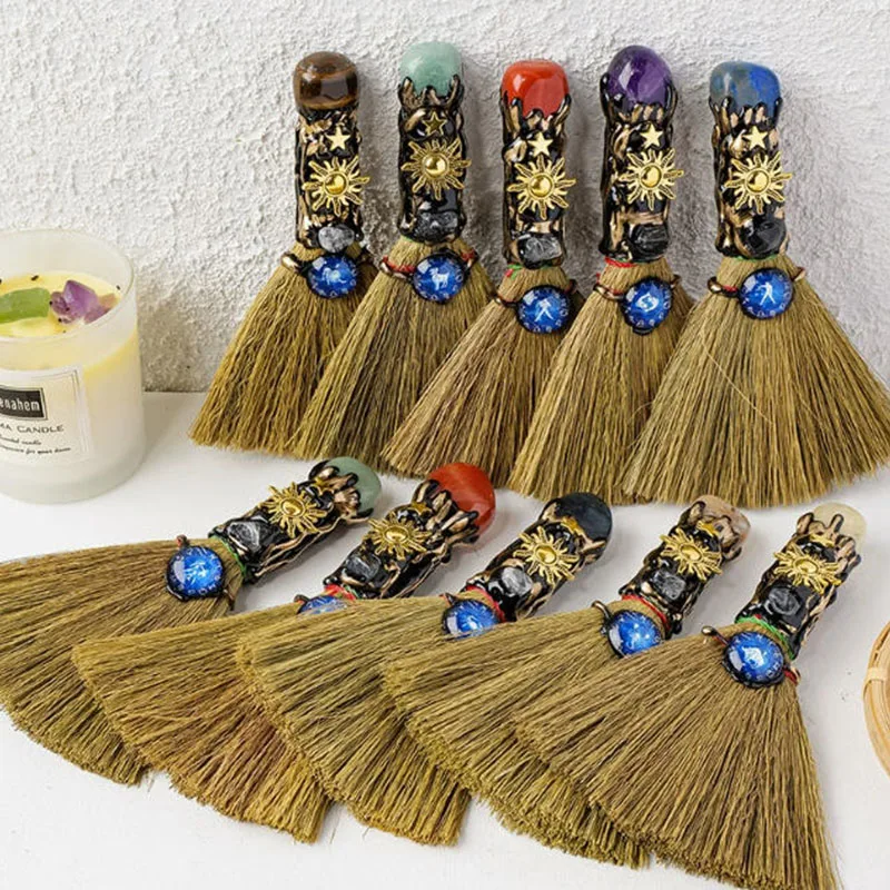

Natural Crystal Rolling Stone Twelve Constellation Broom Handmade Magic Broom Decorative Prop Ornament