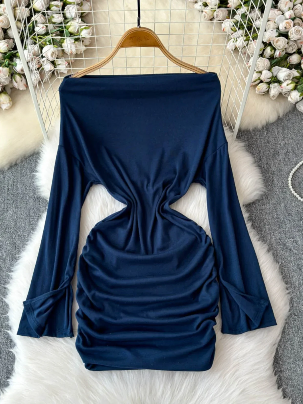 Women's Sexy Mini Dress Diagonal Neck Flared Sleeve Slim  Thin Pleated Party Club Sexi Night Dress Hot