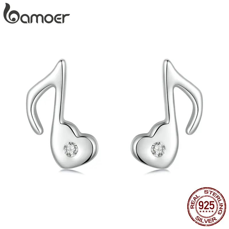 BAMOER Solid 925 Sterling Silver Music Note Earrings Heart Shape Minimalist Small Studs Daily for Women Fashion Jewelry SCE1805