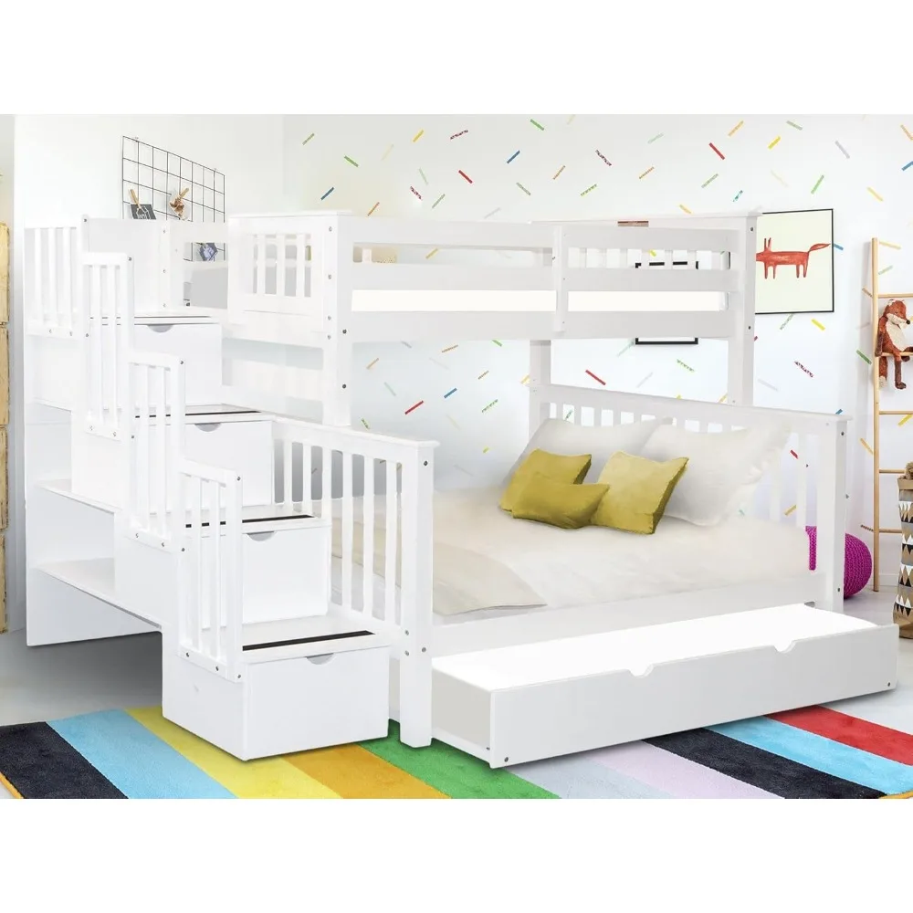 Stairway Bunk Beds Twin over Full with 4 Drawers in the Steps and a Twin Trundle, White