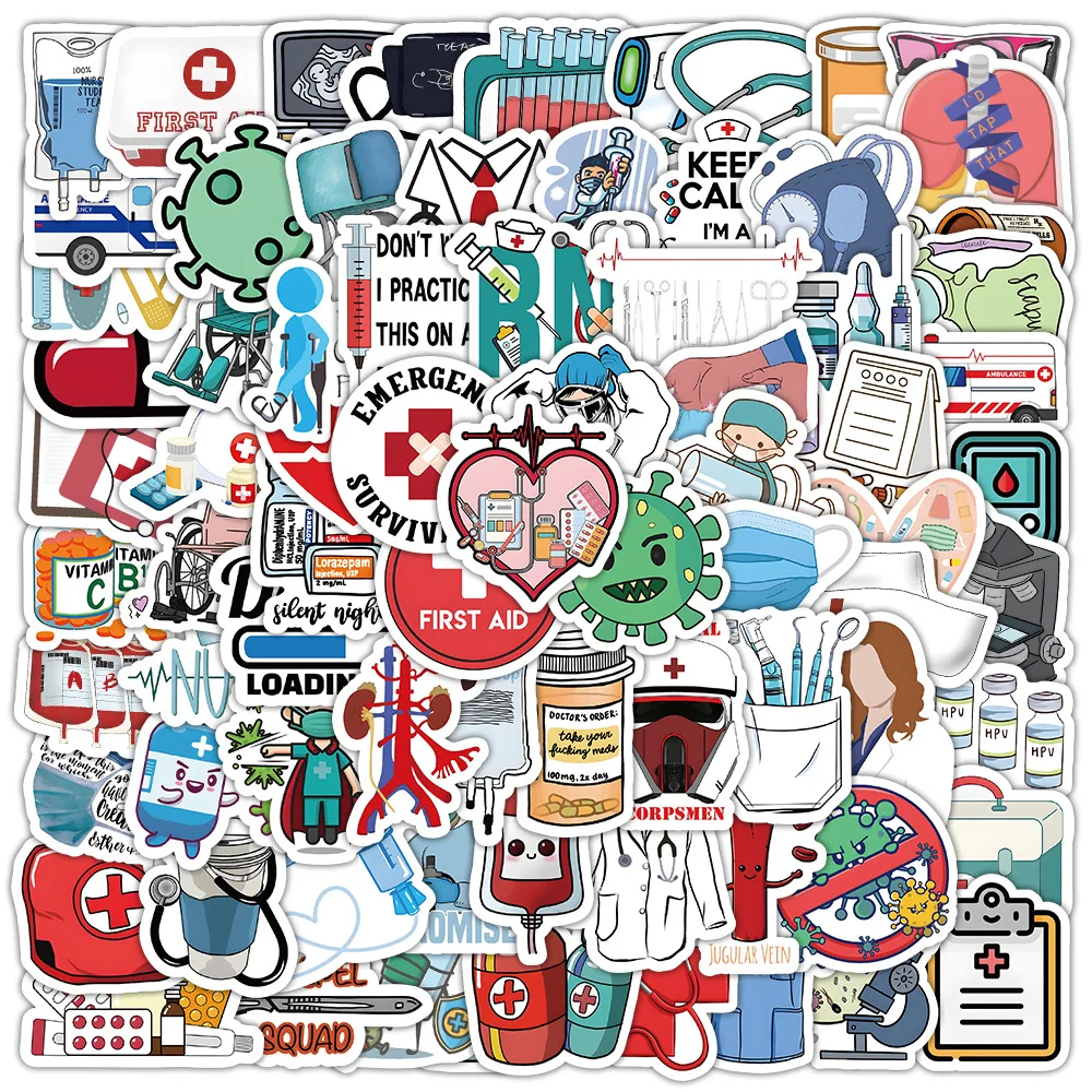 50/100Pcs Doctor Stickers Cartoon Medical Vinyl Decal Waterproof Nursing Sticker Pack for Luggage Water Bottle Decor