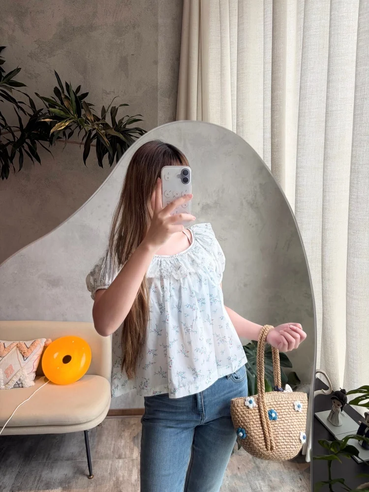 

Susan Do Pure Cotton round Neck Short Sleeve Embroidered Hollow out Lace Trim Top French Style Loose Fit Breathable Women's S...