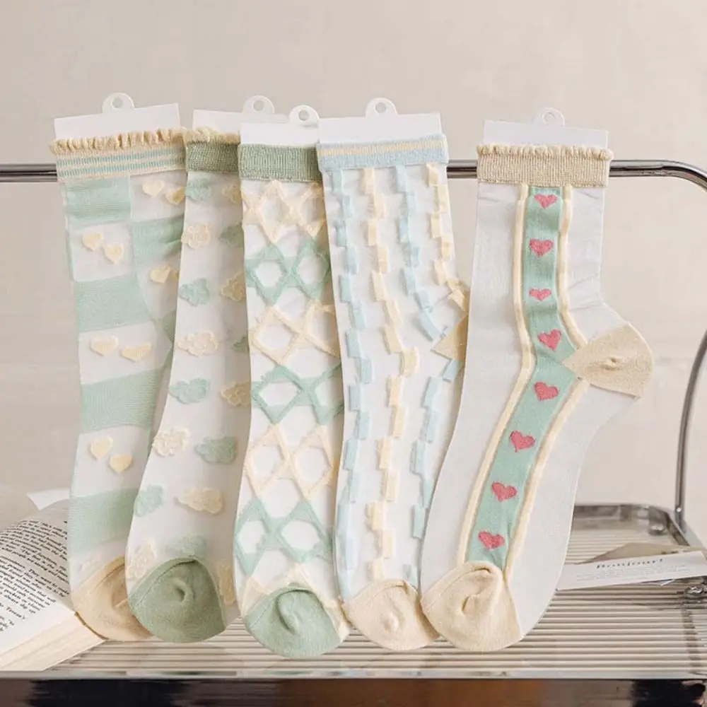 Милые сетчатые стеклянные шелковые кружевные прозрачные носки Love Heart ультратонкие прозрачные шелковые полоски стандартного голубого цвета