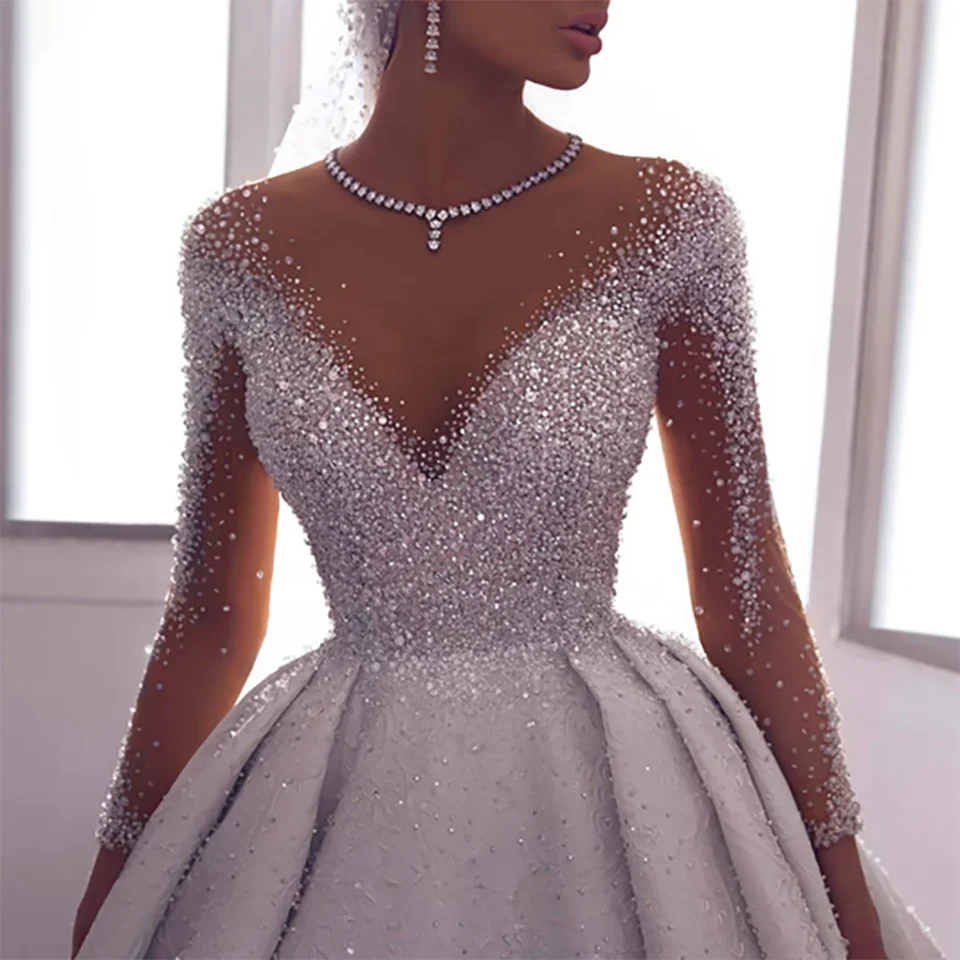 Customized Rhinestone Beaded O Neck Ball Gown Wedding Dresses 2024 Illusion Open Back Tulle Arabic Dubai Bridal Gowns For Women