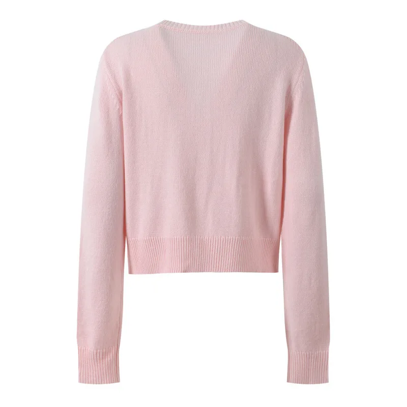 CHUJIE Cárdigan de punto estilo suave otoño 2025, top de manga larga con cuello redondo, parte delantera con botones de lentejuelas y cuentas - Rosa / Azul Opcional.