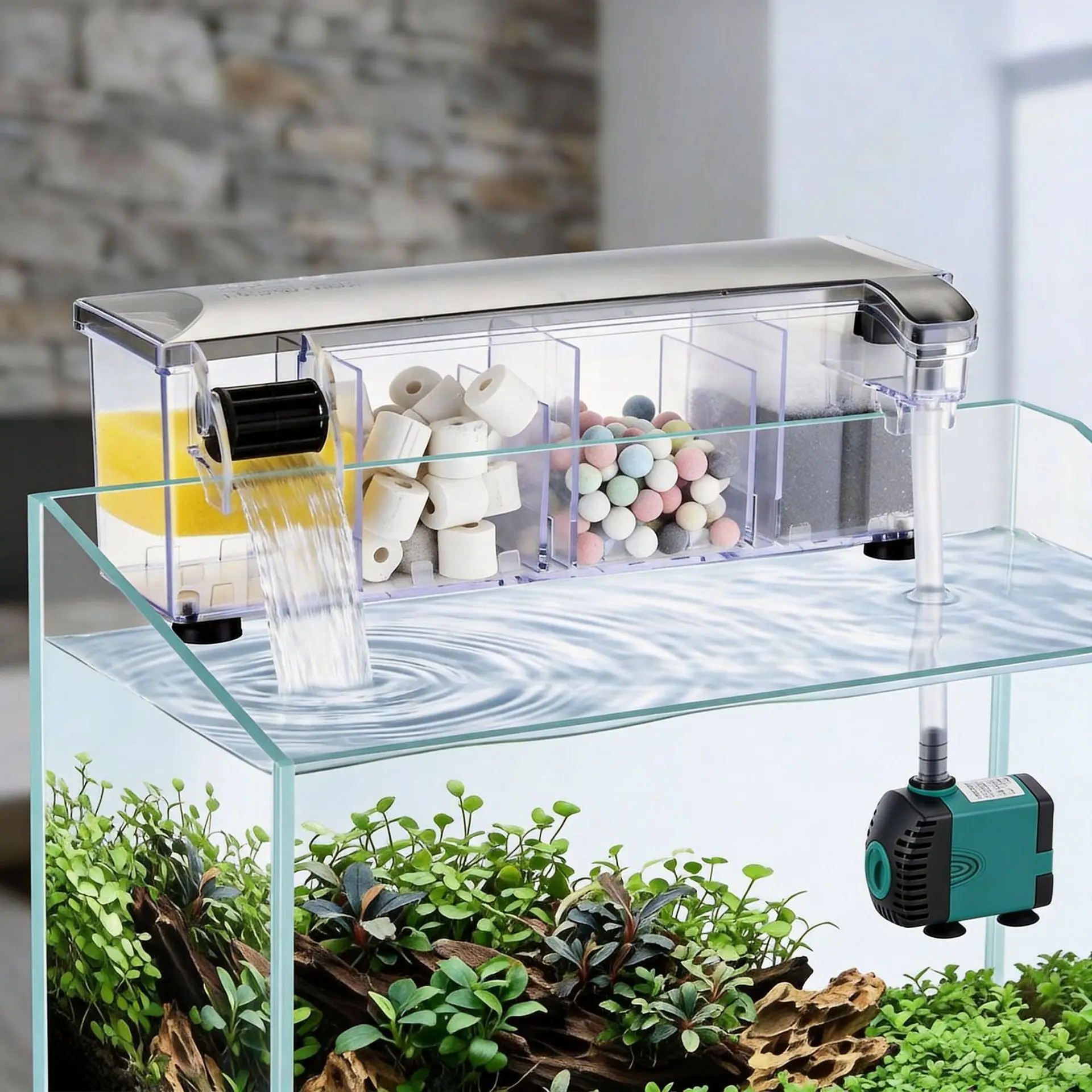 3-in-1 Hang On Aquarium Waterfall Filter Box External Oxygenation Fish Tank Filter Multi Layer Filtration Large Media Chamber