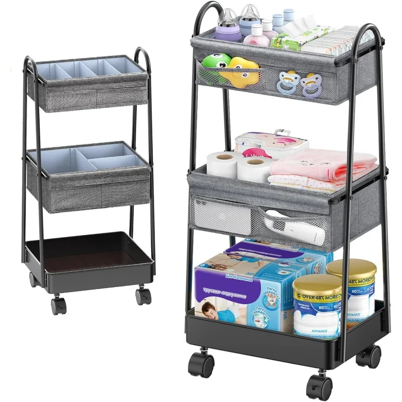 Baby Diaper Caddy Cart Organizer - 3 Tier Rolling Utility Cart Newborn Baby Nursery Essentials, Large Capacity, Easy to Assemble