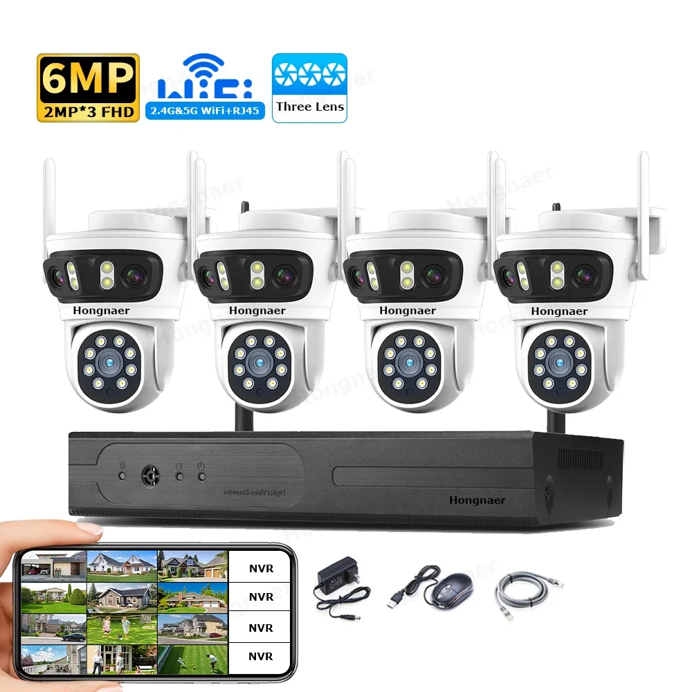 2026 Hongnaer 6MP 4CH 3 Lens 2.4G 5G WiFi Home Surveillance Security Camera Kit System Eseecloud Wireless NVR IP CCTV Camera Sys