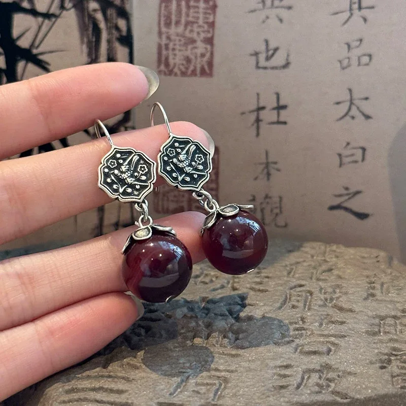 silver 925 Retro Plum Blossom Magpie earrings for women New in Ethnic Style Simple Red Gem Round Beads Earring Wedding Jewelry