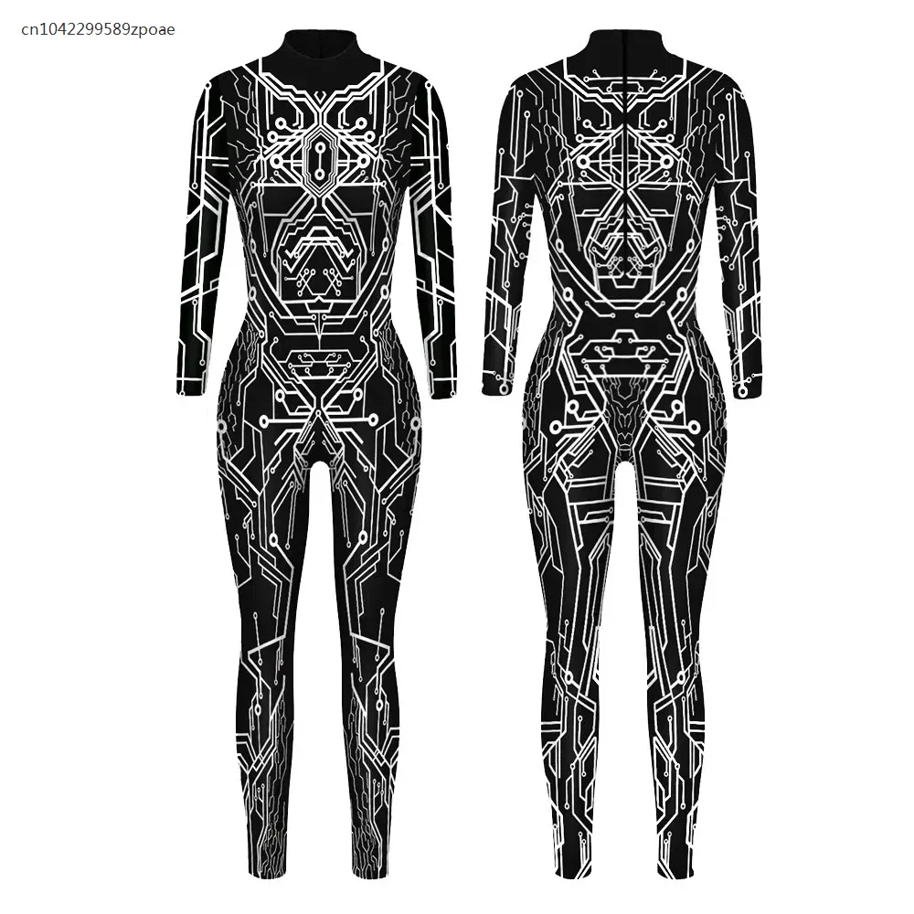 

2024 Messy Lines Print Black Jumpsuit Long Sleeve Sexy Women Skinny Jumpsuit Party Series Cosplay Elastic Bodysuits