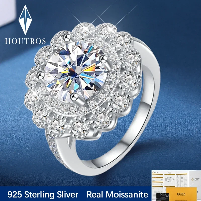 

Houtros D Color Real Moissanite Ring 925 Sterling Sliver Plated with PT950 Flower Wedding Diamond Band Fine Jewelry Gift