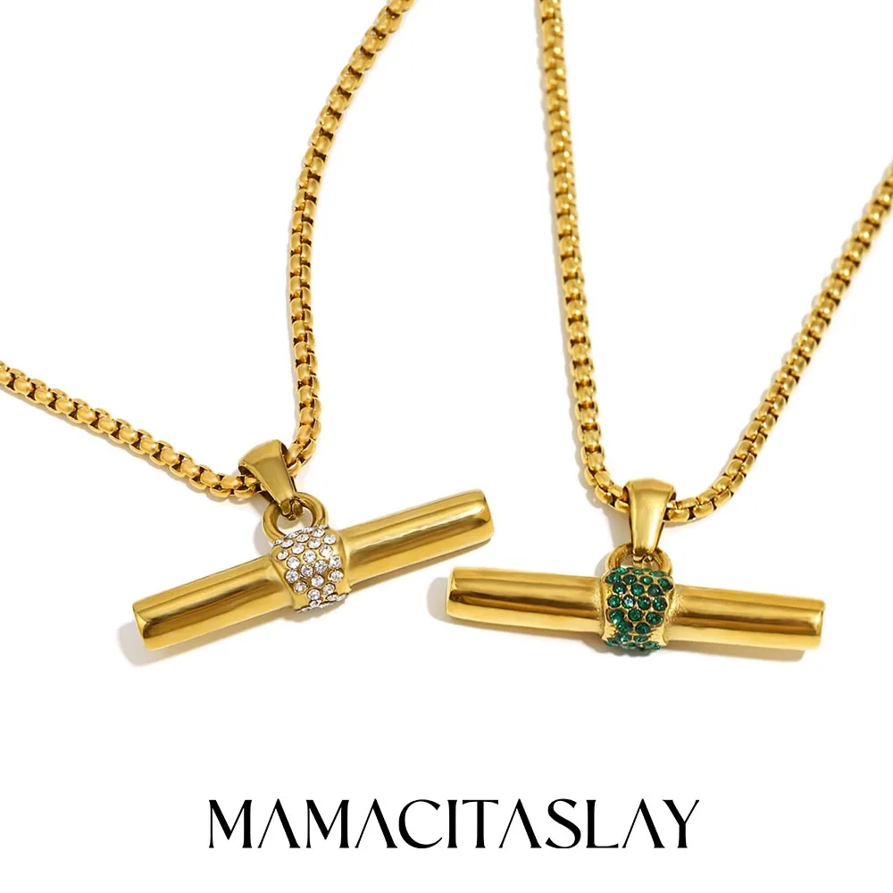 MamacitaSlay Bohemian 316L Stainless Steel CZ Pendant T Bar Necklace 18K Gold Plated Waterproof Minimalist Jewelry For Women Men