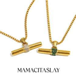 MamacitaSlay Bohemian 316L Stainless Steel CZ Pendant T Bar Necklace 18K Gold Plated Waterproof Minimalist Jewelry For Women Men