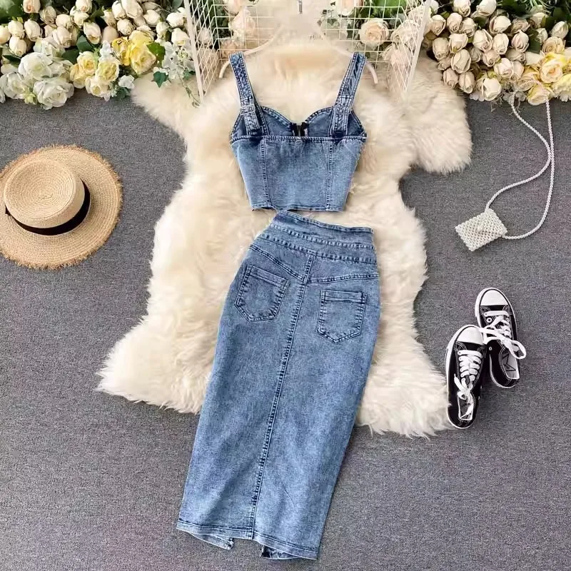 Modisches Skinny High-Waist Ärmelloses Crop-Top 2-Teiliges Jeansrock-Set Damen 2026 Sommer Streetwear Zweiteiler – Detail 4