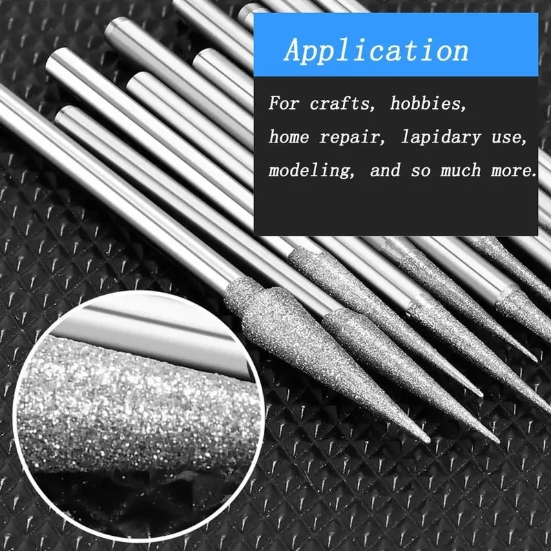 10Pcs Various Sizes Diamond Mounted Grinding Head Burrs Stone Carving Bits for Rotary Tools with 3/32" Shank(D Type Spiked Shape