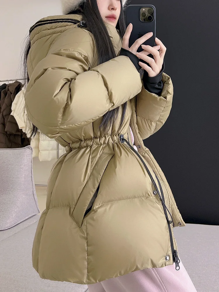 Women Vintage Warm Standing Collar Hoodie White Duck Down Jackets 2024 Winter Korean Fashion Fluffy Bread Coats Streetwear