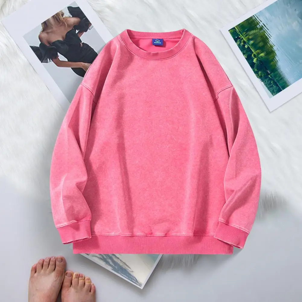 Spring Autumn Top Embossed Design Cotton O Collar Solid Color Elastic Cuffs And Hem Loose Pullover For Women Men's Sweatshirt