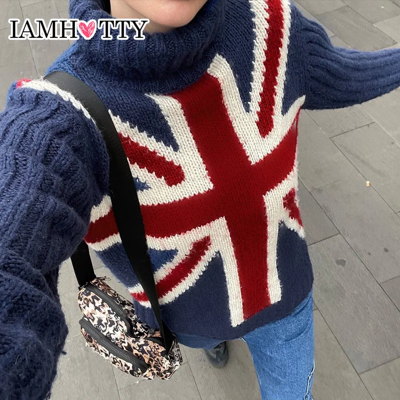 IAMHOTTY Flag Turtleneck Sweater Vintage Loose Contrast Color Long Sleeve Knitted Pullovers High Street Tops Y2K Knitwear Fall