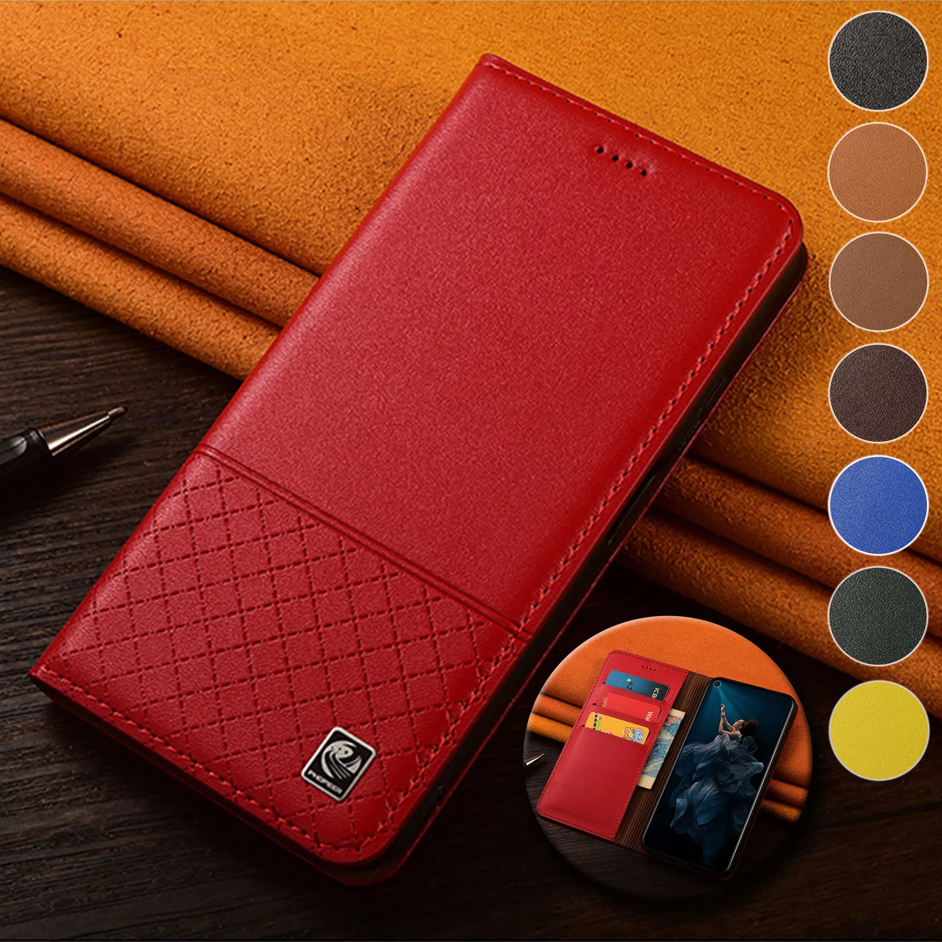 

For Honor Play 8T 9A 20 30 40 50 60 Plus Pro Napa Below Grid Pattern Of Genuine Leather Wallet Flip Phone Cover Case Cowhide