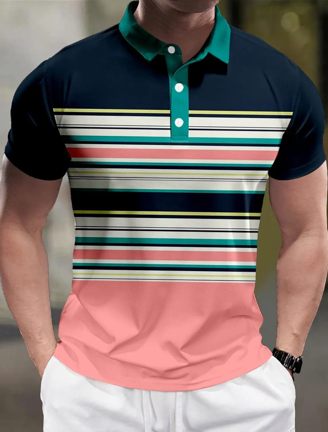 Striped Men\'s Business Casual 3D Polo Shirt Street Polyester Short Sleeve Turndown Polo Shirts Micro-elastic Lapel Polo Summer