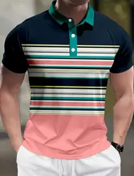 Striped Men's Business Casual 3D Polo Shirt Street Polyester Short Sleeve Turndown Polo Shirts Micro-elastic Lapel Polo Summer