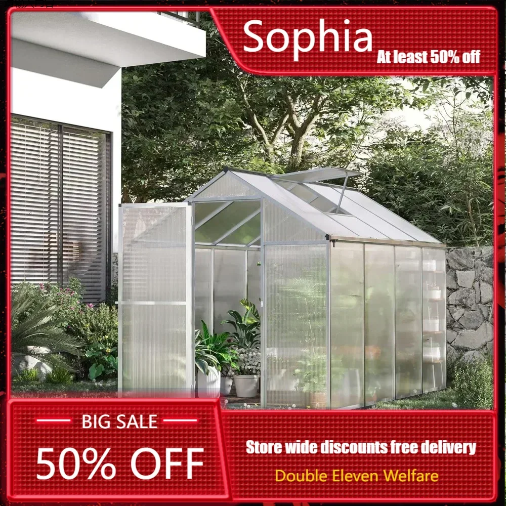 8' x 6' Walk-in Polycarbonate Greenhouse with Roof Vent for Ventilation & Rain Gutter, Heavy Duty Aluminum Green House, Hobby