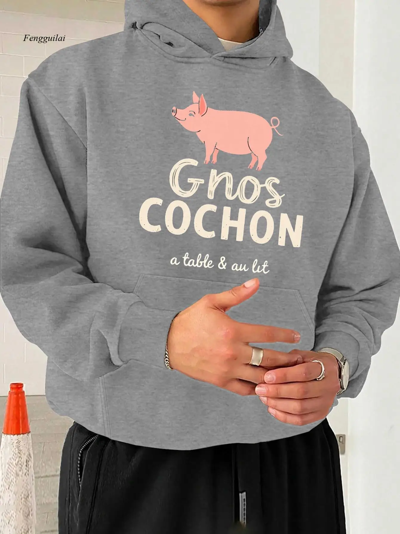 큰 돼지 그림 |   후드 스웨트셔츠, 신축성 없는 원단, 루즈핏, 캐주얼 스타일, 긴 소매, 프린트 패턴