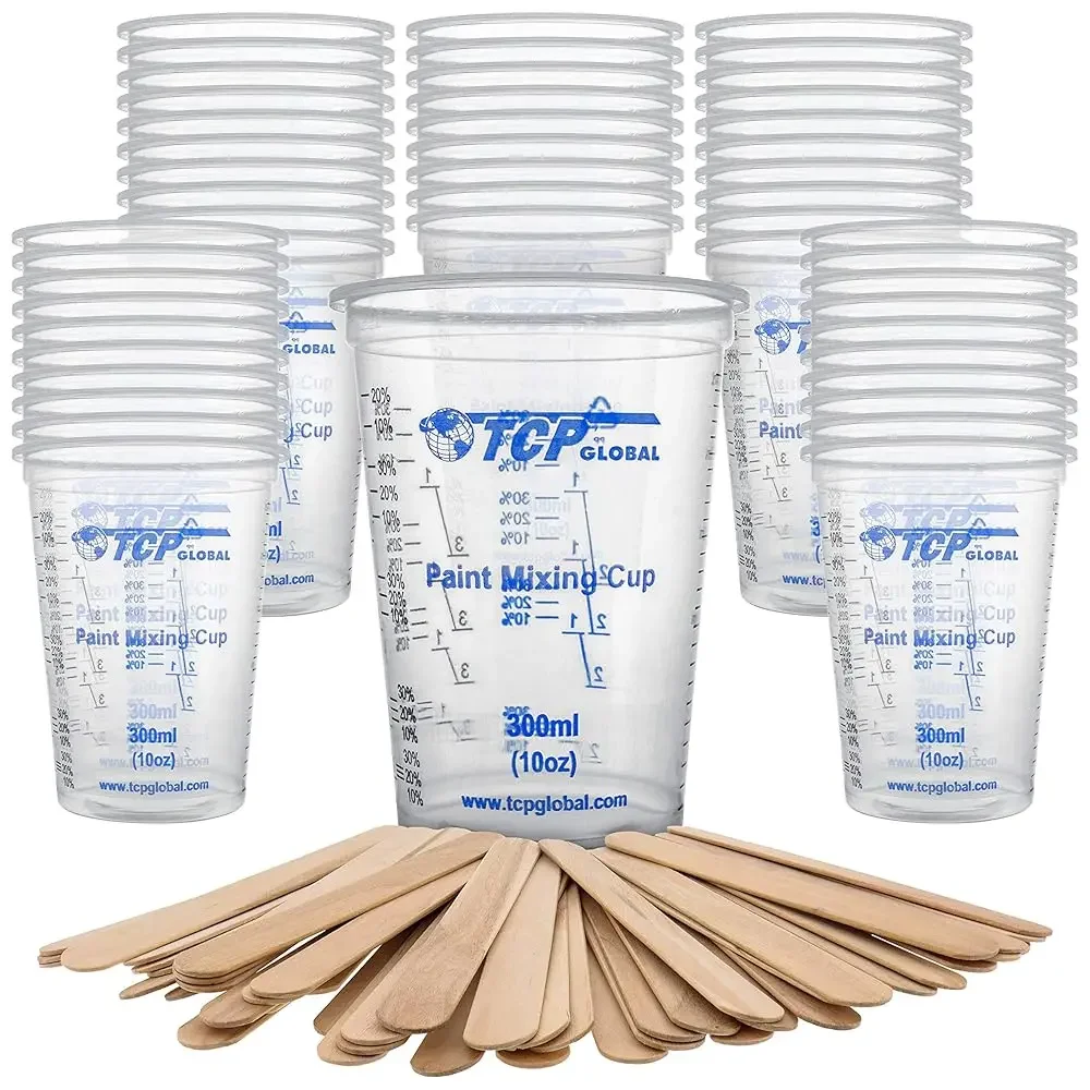 

10 oz. (300ml) Graduated Plastic Mixing Cups - Box of 50 with 50 Mixing Sticks - Disposable Plastic Measuring Cups for Liqui