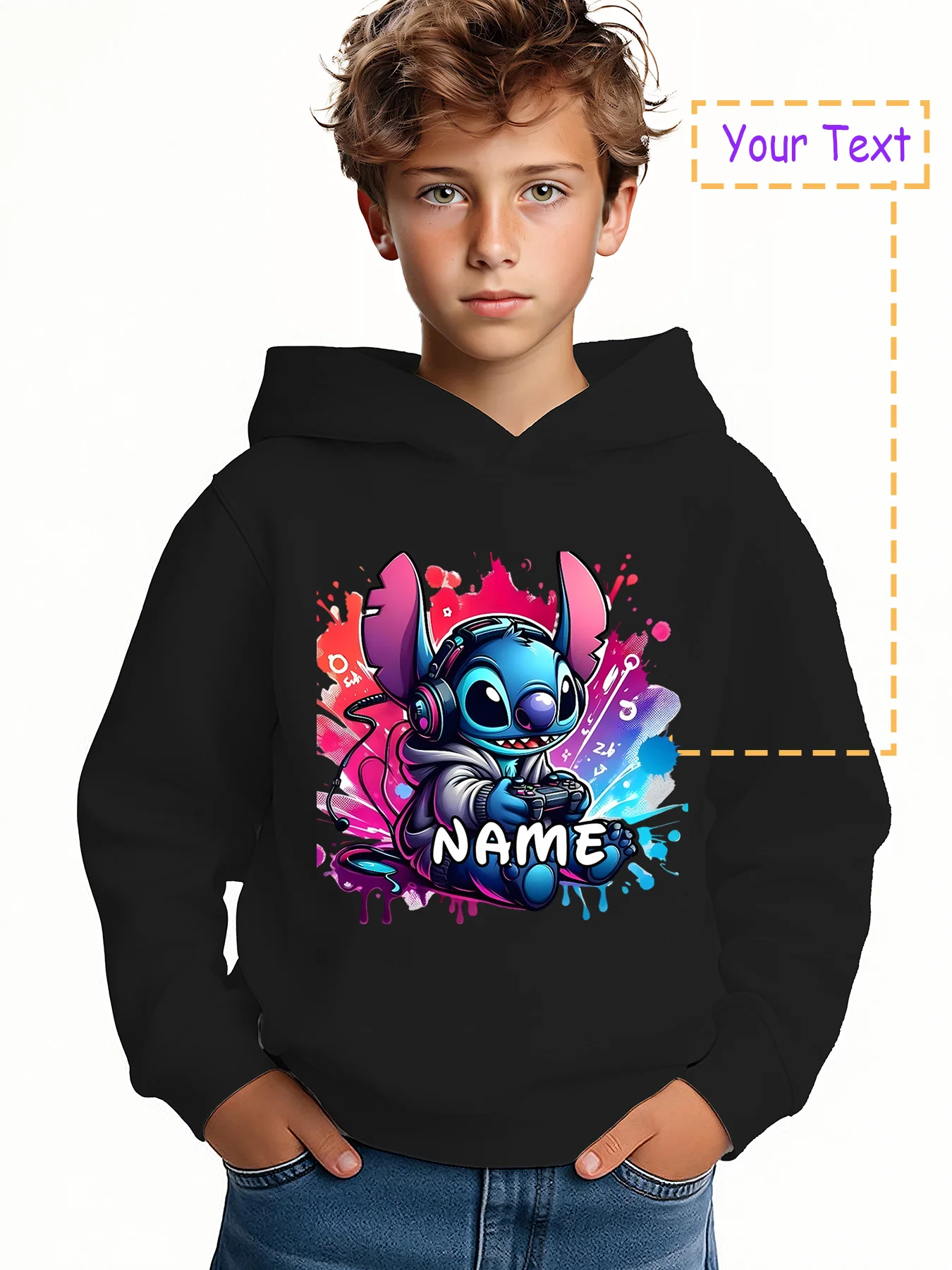 

MINISO Stitch Video Game Hoodie - Stitch plays games with headphones and a colorful splash-ink design featuring the character "N