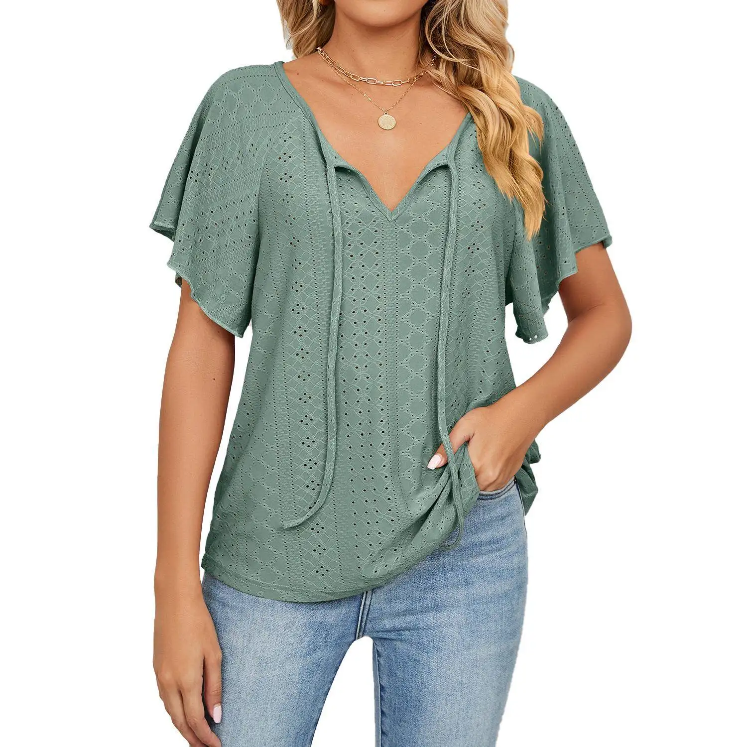 

Loose V-Neck T-Shirt Women's Spring Summer New Style Pure Color Short Sleeve Belted Top Ladies Fashion Casual Wear