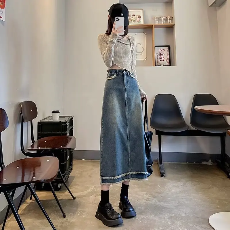 Korean Style Denim Skirt Women's Blue High Waist Raw-Edge Burrs Long A-line Skirt Design Sense Niche Hip Split Skirt