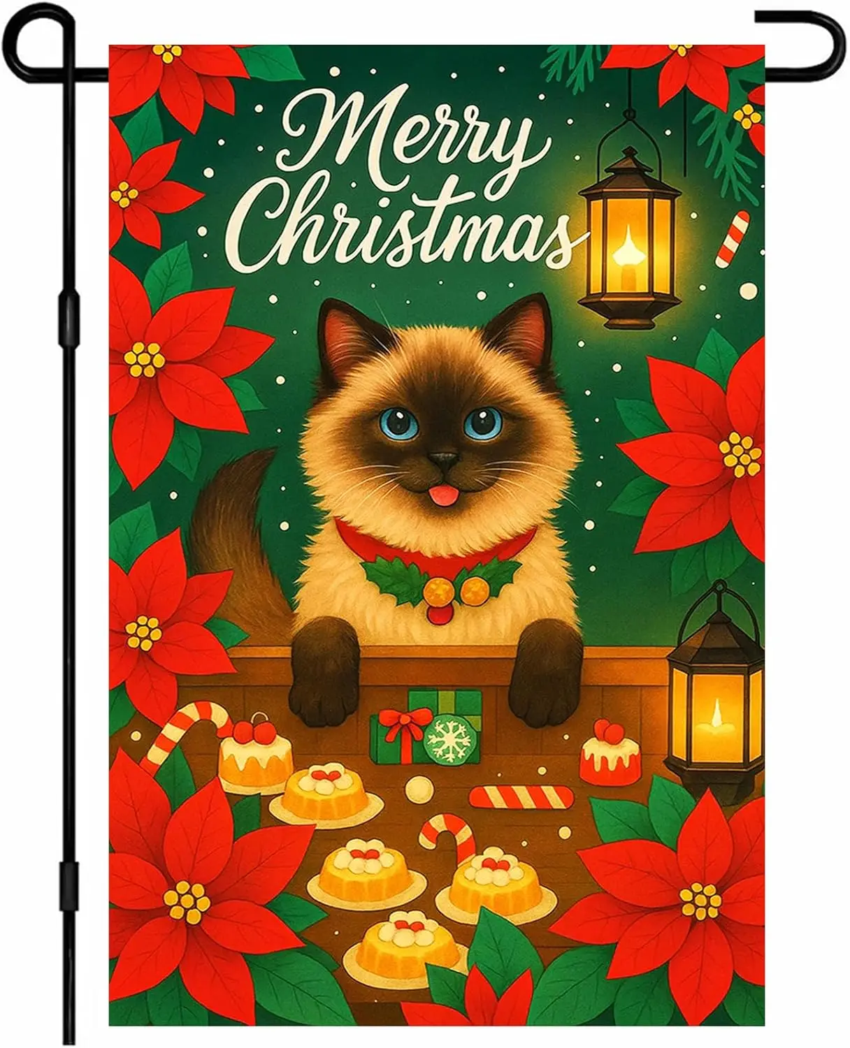 IVN Christmas Garden Flag 12x18 Inch Double Sided Siamese Cat with Poinsettia Flowers Lanterns and Christmas Cookies Outdoor zzo