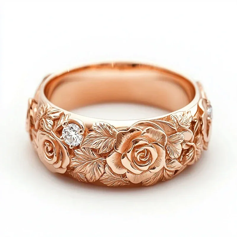 Huitan Luxury Ornate Flower Ring for Women Aesthetic Rose Gold Color Wedding Engagement Exquisite Accessories Jewelry Inlaid CZ