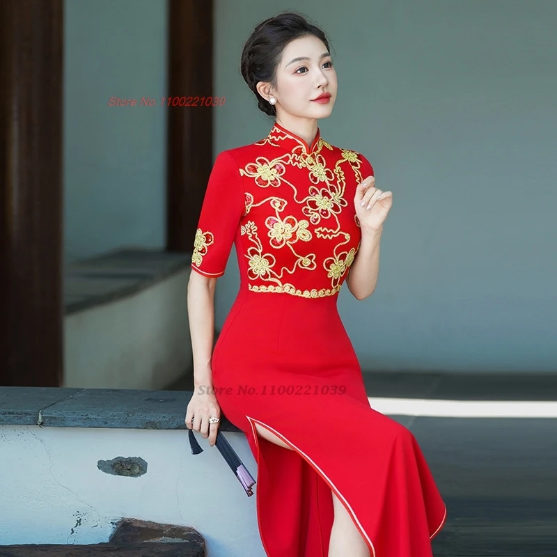 

2025 китайское улучшенное традиционное платье Ципао, национальное торжественное платье с цветочной вышивкой, восточное банкетное вечернее платье, Cheongsam