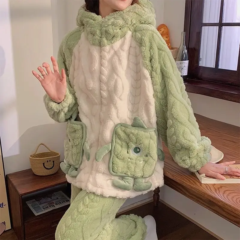 

2024 New Winter Women Nightclothes Coral Fleece Thickened Fleece Hooded Pajamas Suit Female Cute Flannel Warm Loungewear Sets