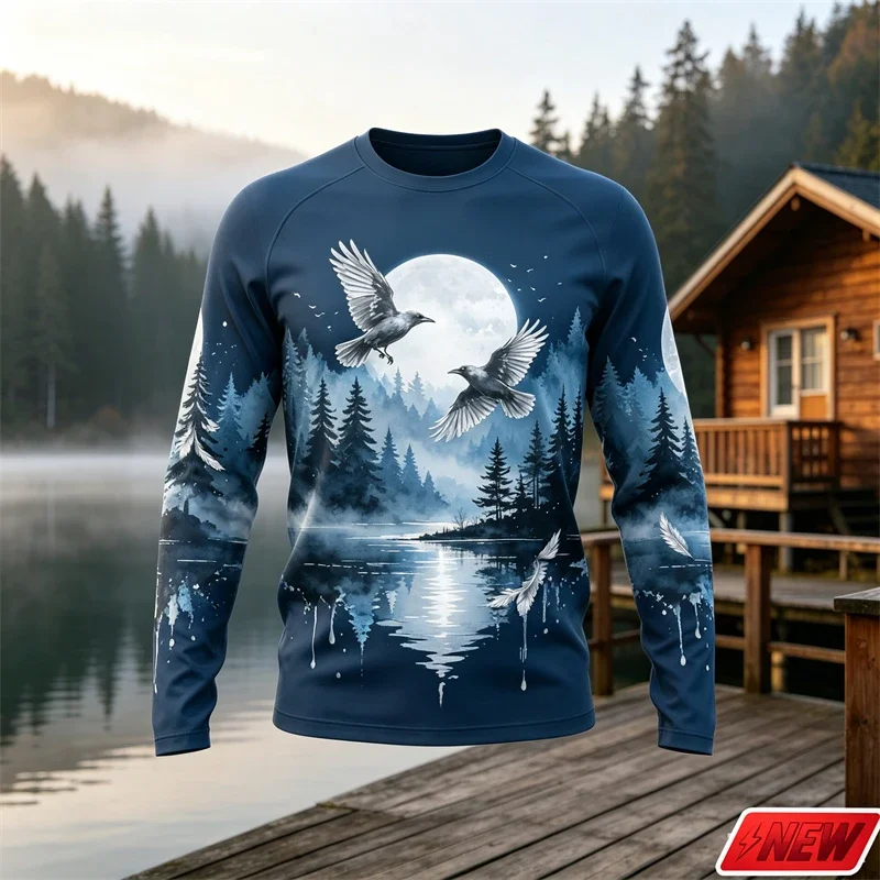 Men Polyester Long Sleeve T-shirt 3D All Over Print Forest Lake Crow Sunset Watercolor Graphic Casual Tee