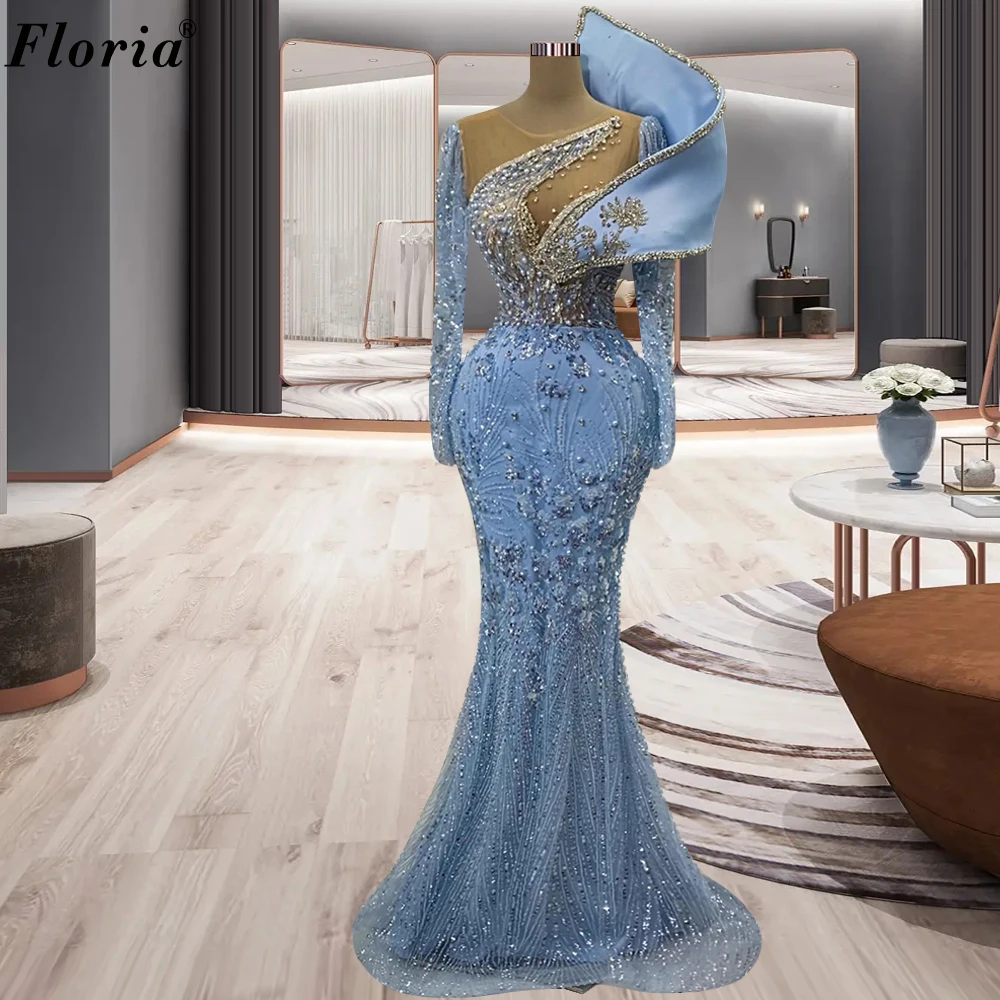 Sky Blue Sequined Evening Dresses Pearls Mermaid Formal Occasion Dresses Long Sleeves Celebrity Dress For Women Robes De Soirée