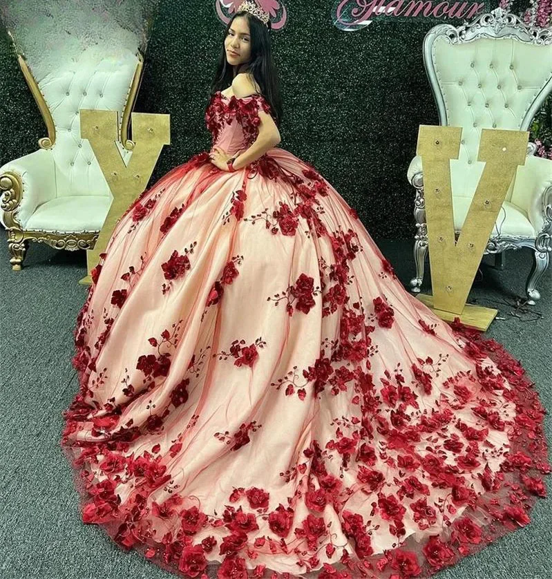 ANGELSBRIDEP Burgundy 3D Floral Pearls  Quinceanera Dresses 2025 Ball Gown Off The Shoulder Sweet 16 Dresses 15 Años customized