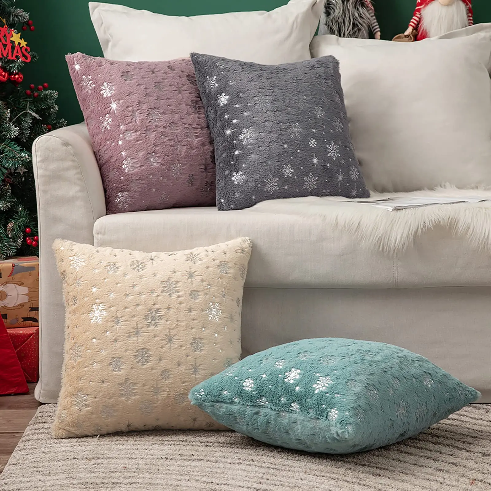 Decorative Pillows Cover Snow Snowflake Christmas Cushion Cover Plush Throw Pillow Cover Sofa Pillow Case Home Decor 45x45cm