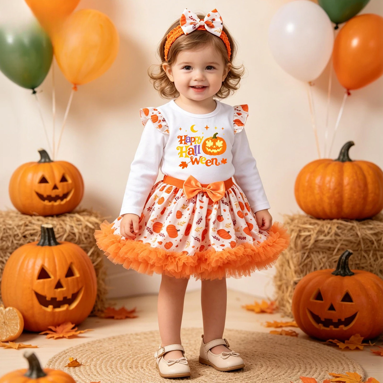 Girls Halloween Long Sleeve Printed Pumpkin T-Shirt Satin Skirt Headband Kids Party Wear Three-piece Set
