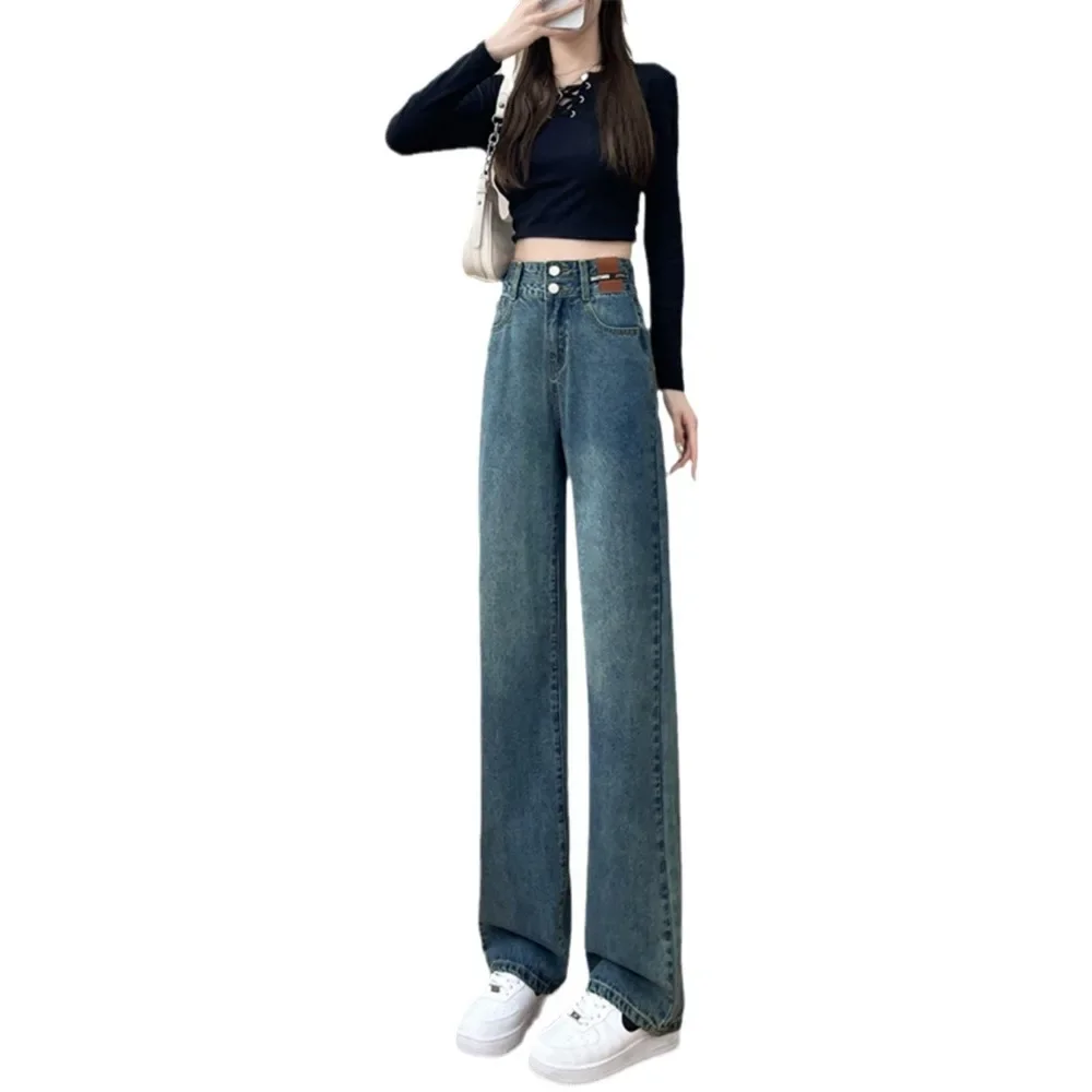 Celana Denim Kasual Solid Pinggang Tinggi Jeans Longgar Antik Celana Panjang Fashion Wanita Jeans Lurus Jeans Kaki Lebar Panjang Lantai Wanita