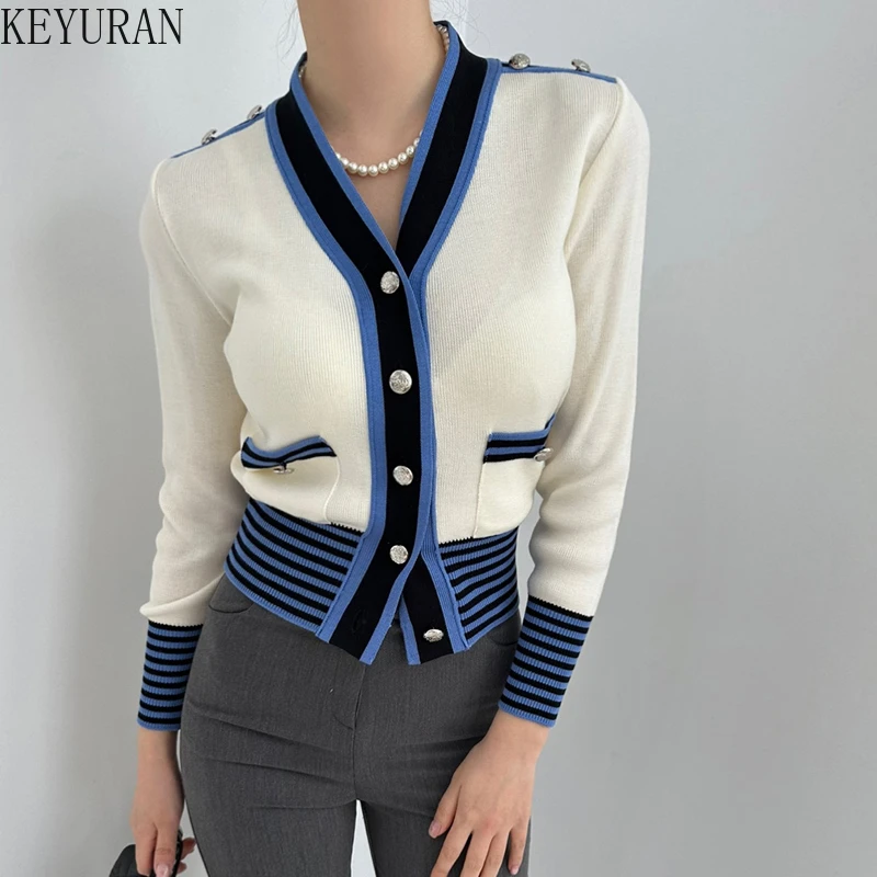 Korean Chic Striped Sweater Women Knitted Cardigan Vintage Knitwear  V-neck Single Breasted Long Sleeve Tops Knitwear Jumpers