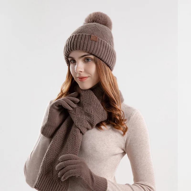 Conjunto de gorro de punto para mujer, gorros cálidos para mujer, gorros gruesos con pompón lindo, gorro de esquí con bufanda y guantes, Invierno