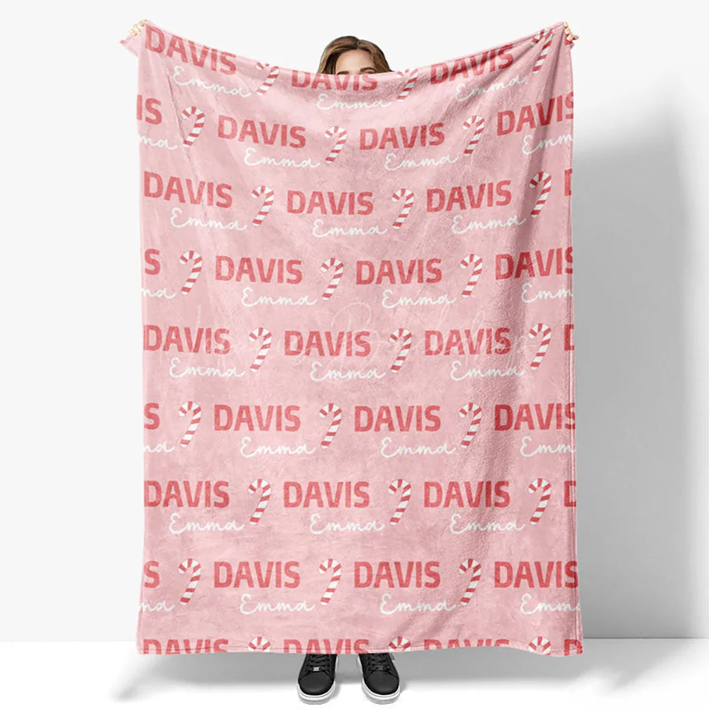 Personalized Pink Candy Cane 50x60in Christmas Blanket for Kids, Custom Name Holiday Decor Throw Gift