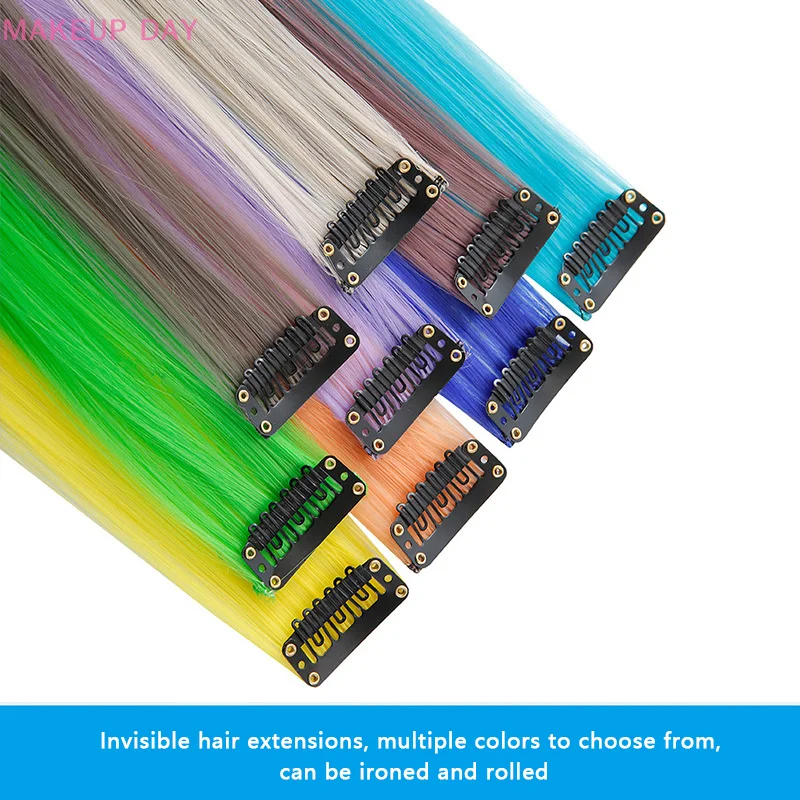 Straight Colored Clip In One Piece Hair Extensions Rainbow Color Synthetic Girls Fake False Clip On Hair Pieces