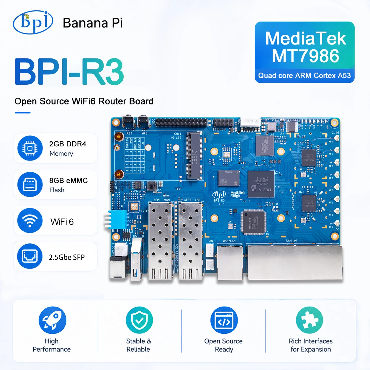 Banana Pi BPI-R3 MediaTek MT7986 Quad-Core Cortex A53+MT7531 2G LPDDR4 8G eMMC M.2 KEY-M PCIe SFP 2.5GbE Router-Board