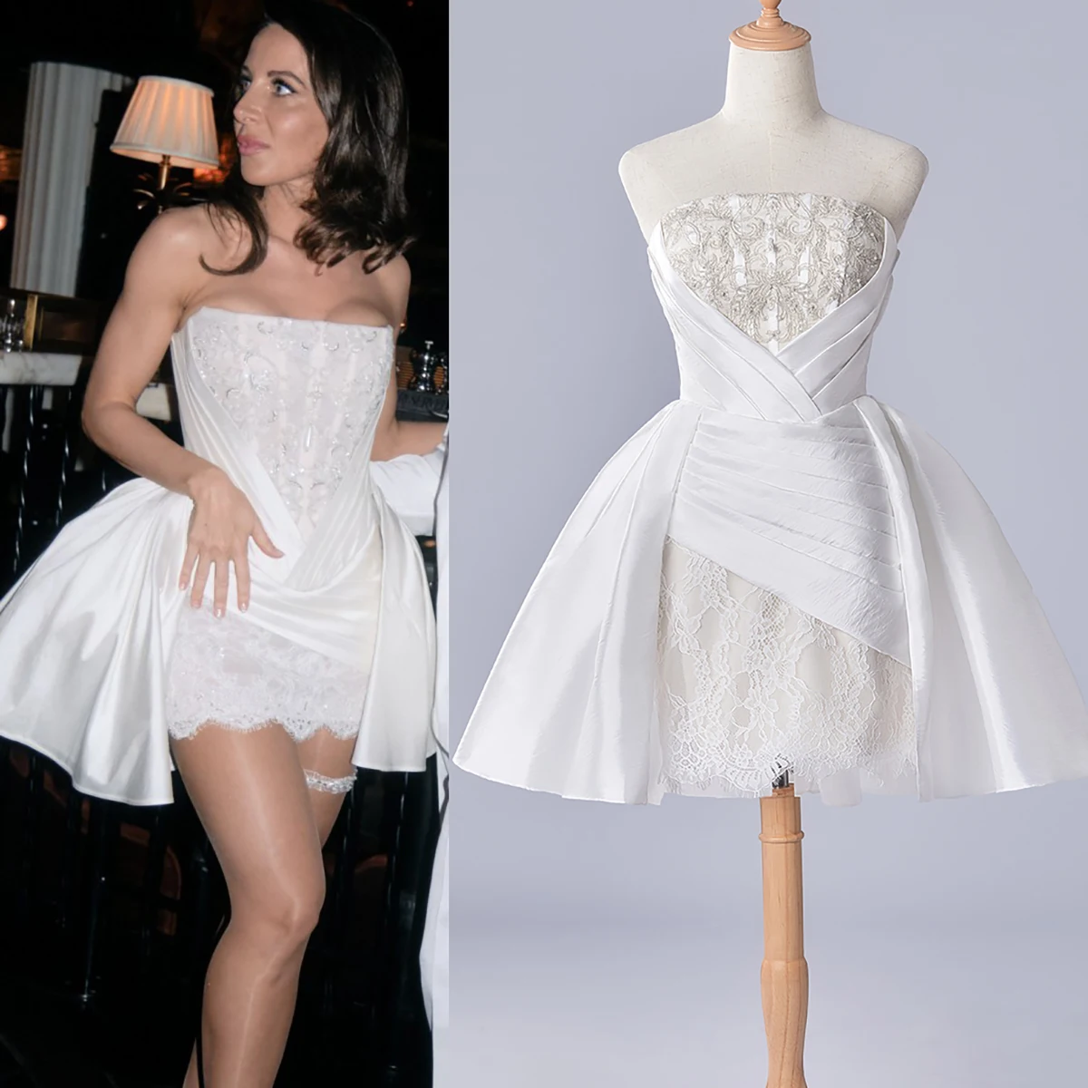 Customized Strapless Mini Taffeta Wedding Dress Ruched Corset Princess Embroidery Lace Above Knee Bubble Skirt Bridal Gown